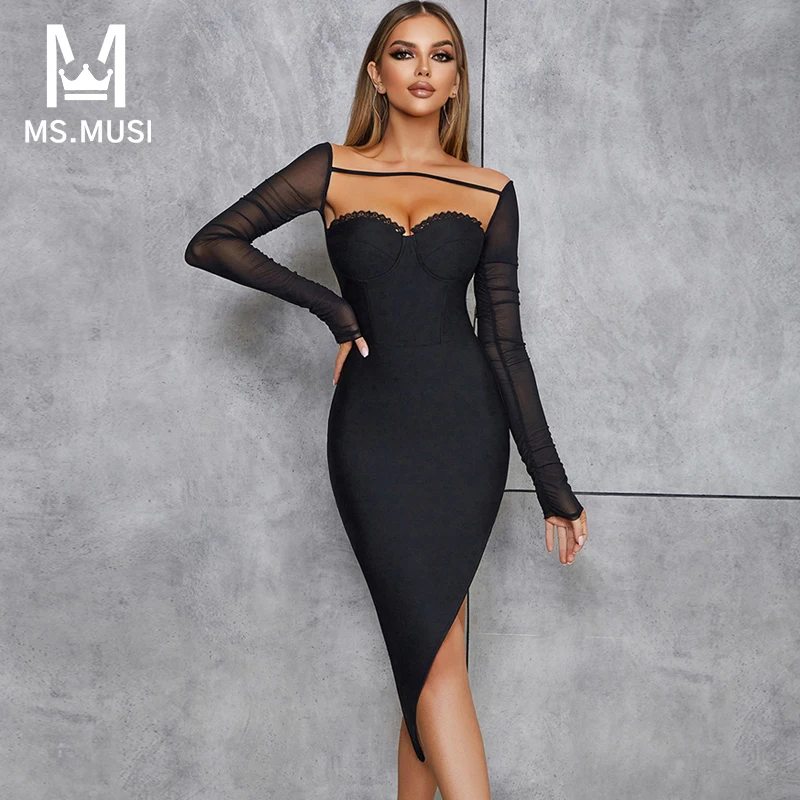 

Новинка 2023, модное женское сексуальное кружевное Сетчатое платье MSMUSI с открытой спиной и открытыми плечами, облегающее платье средней длины с разрезом