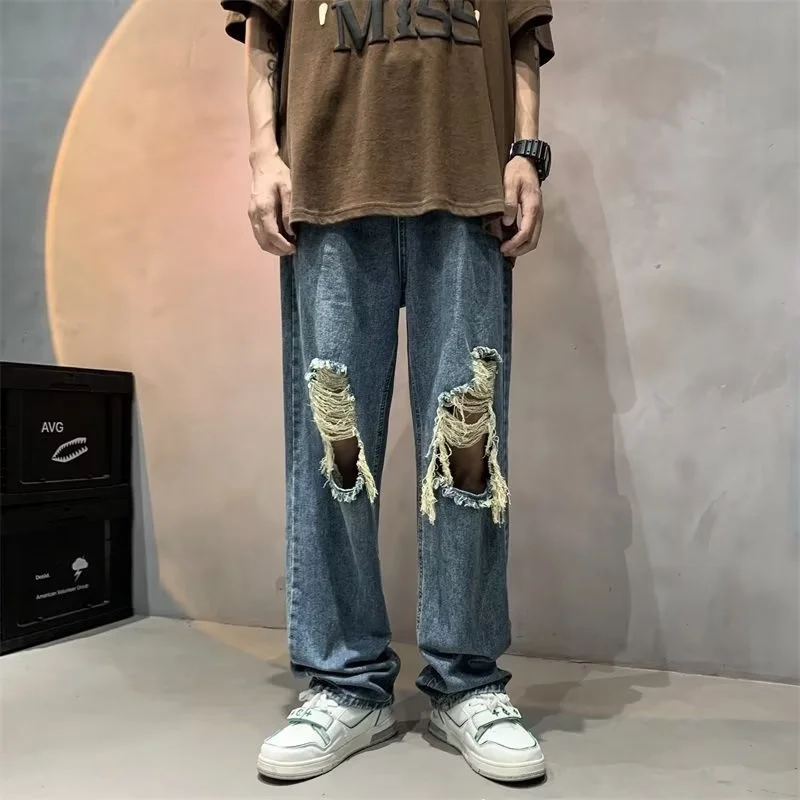 Summer Blue Ripped Jeans Men Fashion Casual Baggy Wide Leg Jeans Men Streetwear Hip Hop Loose Straight Denim Pants Mens Trousers