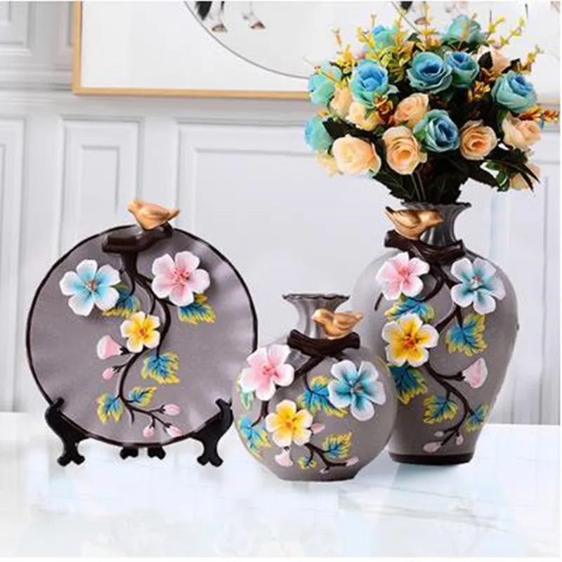 

2022 American three-piece flower and bird ceramic vase, home store office desk desktop decoration crafts