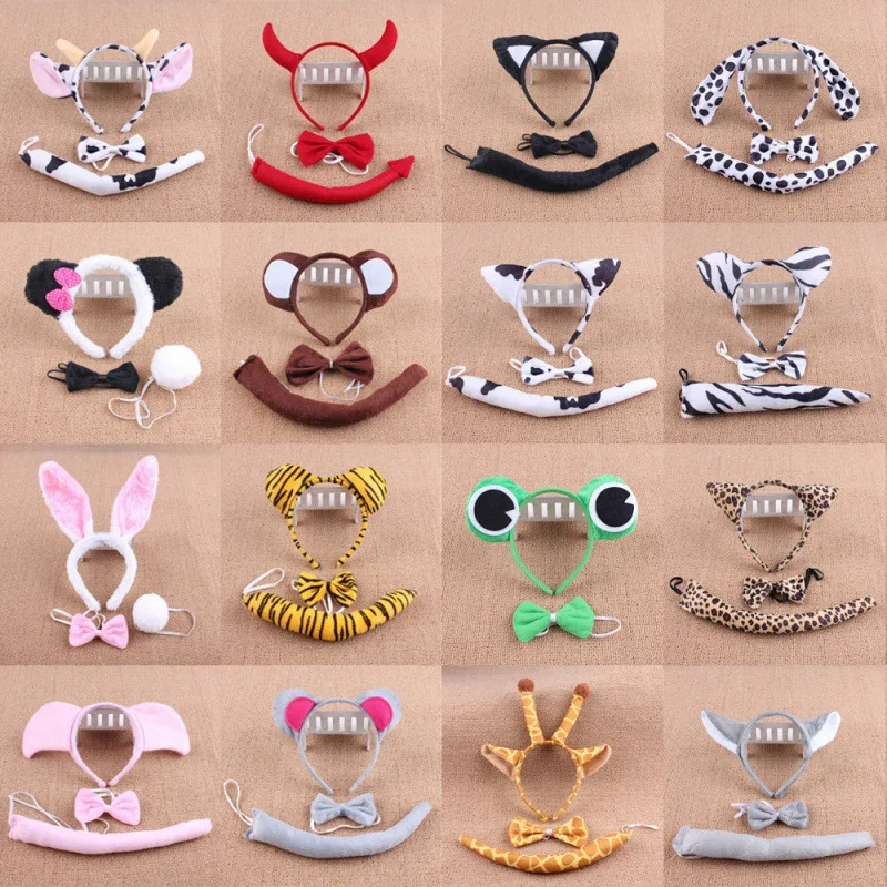 3Pcs Ear Bow Tie Tail Set Animal Parody Costume Cosplay Props Neck Chocker Headband Hair Hoop Halloween Children'S Day Gifts
