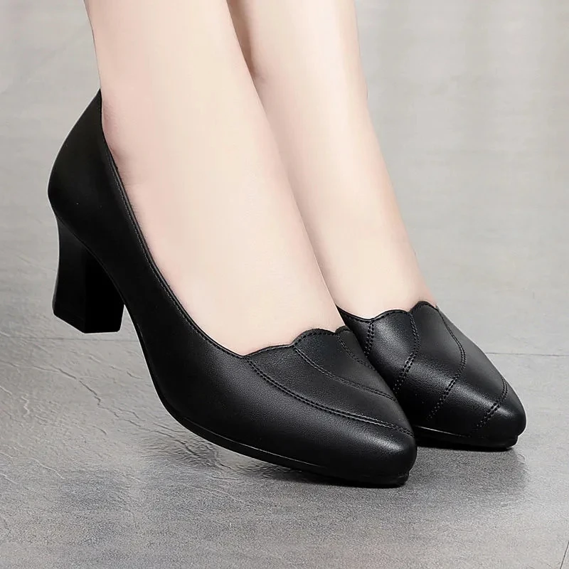 Women Mid Square Heel Shoes Pumps Black PU Office Lady Spring Non Slip Fashion Mother Oxford Shoe Zapatos Mujer