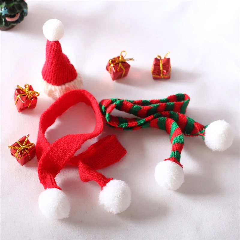 

4pcs Doll Scarf Hat Handmade Material Mini Christmas Caps Knitted Scarves Miniature Clothes Kids Toys Xmas Ornament Accessory