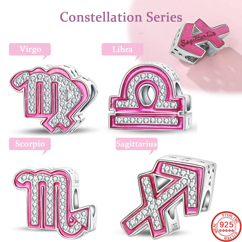 Натуральное серебро 925 пробы розовый цвет 12 созвездий круглые подвески бусины