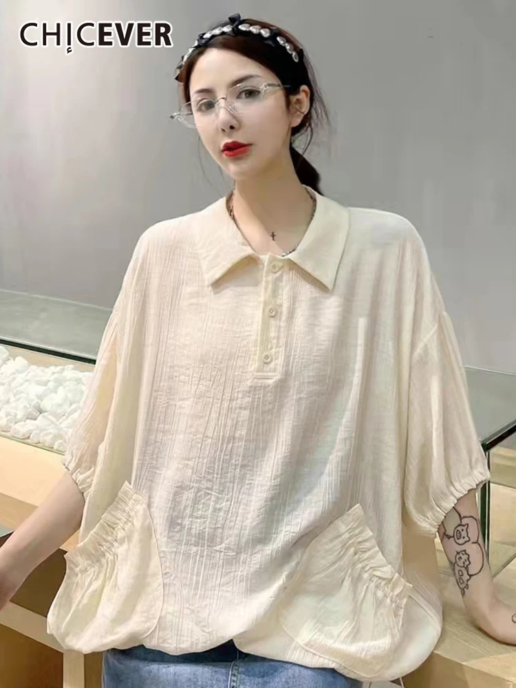 

CHICEVER простая блузка для женщин с отворотом, рукав три четверти, с карманами, прямые повседневные рубашки для женщин, 2022 весенняя одежда, модн...