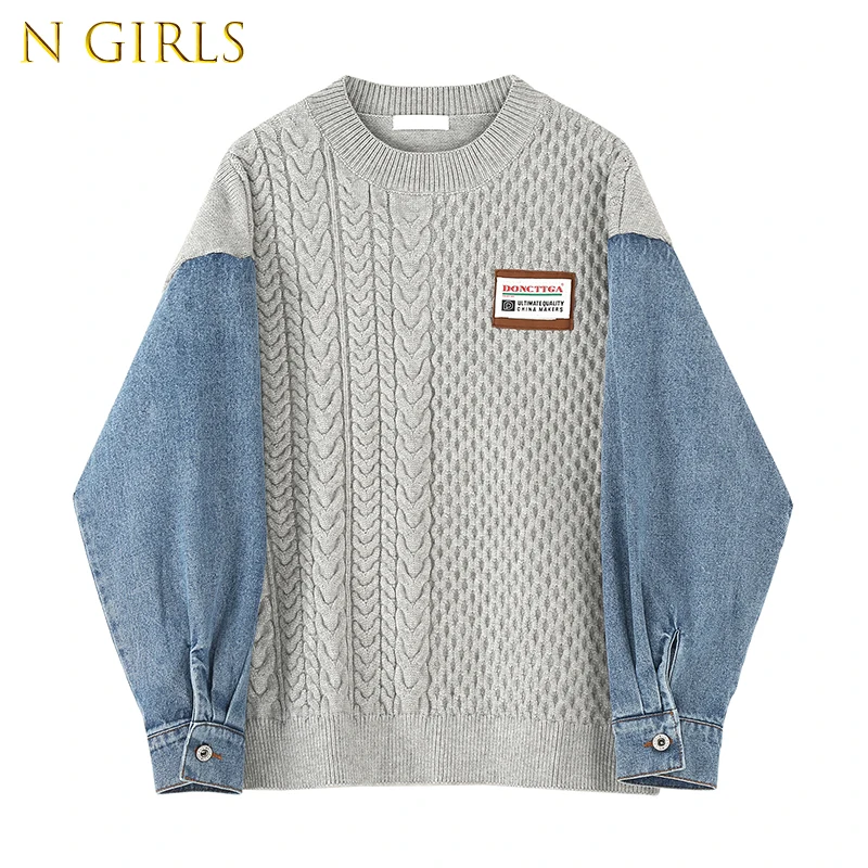 

Fashion Top Chic Denim Patchwork Knitted Women Autumn Winter Clothes Long Sleeve Pullover Jumper Harajuku Ladies Casual Sweater