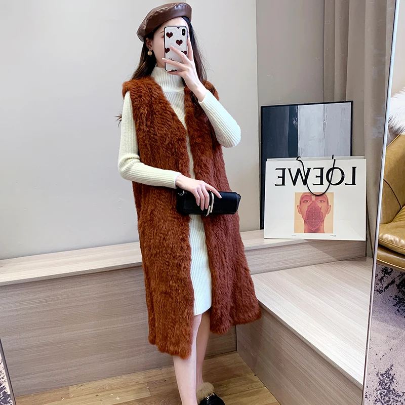 Zero Fish 2022 New  Real fur New natural Fur Vest Genuine Rabbit Fur Knitted Fur Gilet  Long vest Jackets Women Winter
