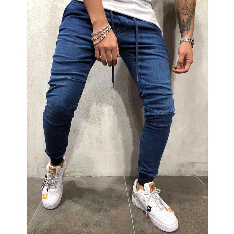 Men Jeans Streetwear Vintage Jeans Spring Slim Fit Denim Pants Trousers Men Lace-up Mid-Rise Pencil Pants Trousers Sports Jeans