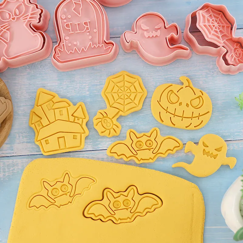 

8Pcs/set Plastic 3D Halloween Cookie Cutters Kitchen Baking Cartoon Pressable Biscuit Mold Cookie Stamp Pastry Bakeware Tool