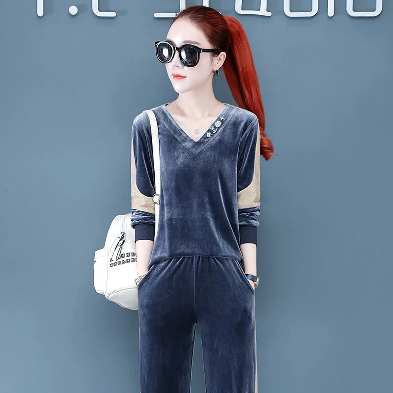 

Tracksuits Casual Two Piece Set Women Clothing V-Neck Long Sleeve Sweatshirts and Sweatpants Matching Spring Fall Velet Soft