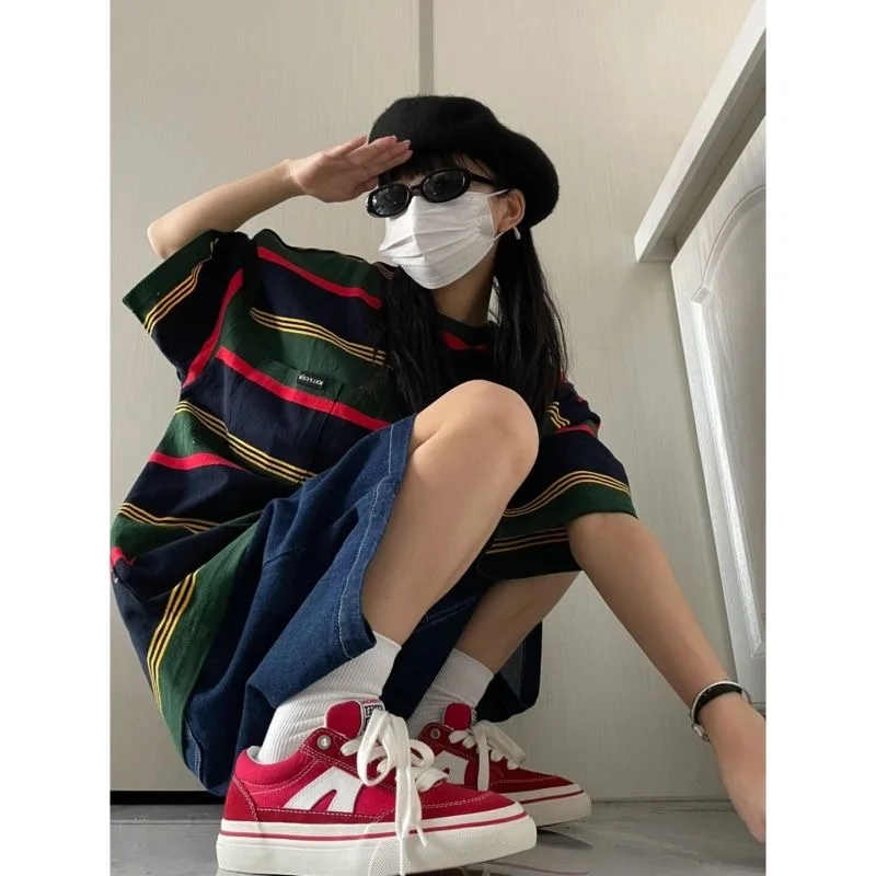Y2K Summer Women Vintage Streetwear Korean Denim Shorts High Waist Knee Length Wide Leg Baggy Cargo Short Pants Harajuku Clothes
