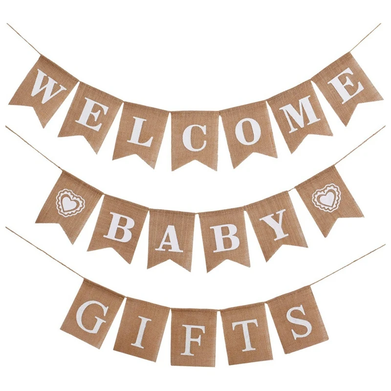 

3 Pieces Welcome Baby Banner Gift Burlap Banner Baby Shower Banner Bunting Garland For Baby Shower Party Ornament Favors
