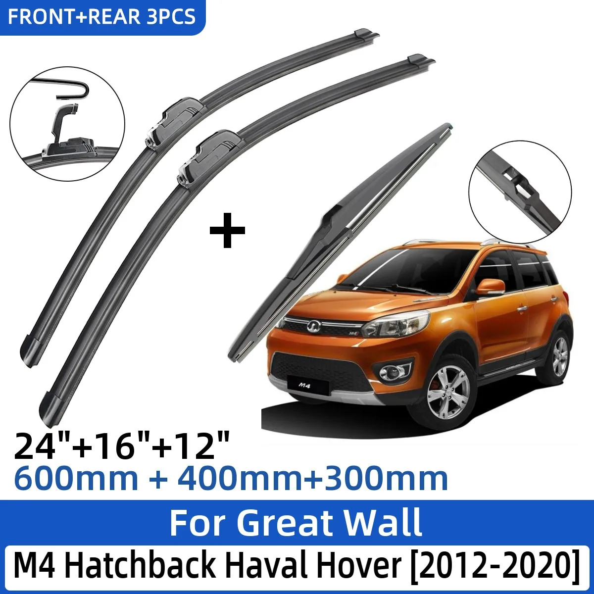 

3PCS For Great Wall M4 Hatchback Haval Hover 2012-2020 24"+16"+12" Front Rear Wiper Blades Windshield Windscreen Window Cutter