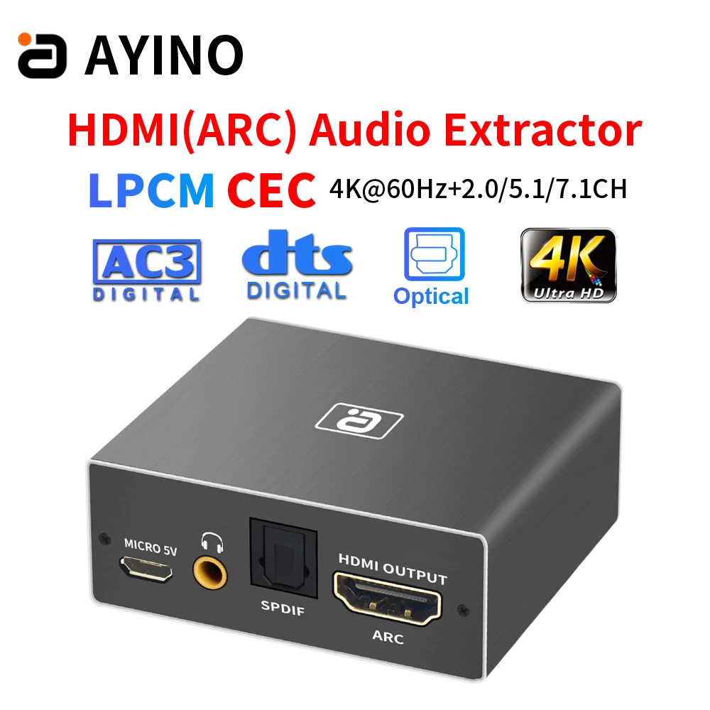 

AYINO HDMI2.0b Converter ARC Audio Extractor HDCP2.2 HD 4K@60Hz HDMI-compatible Splitter to Optical TOSLINK SPDIF AUX