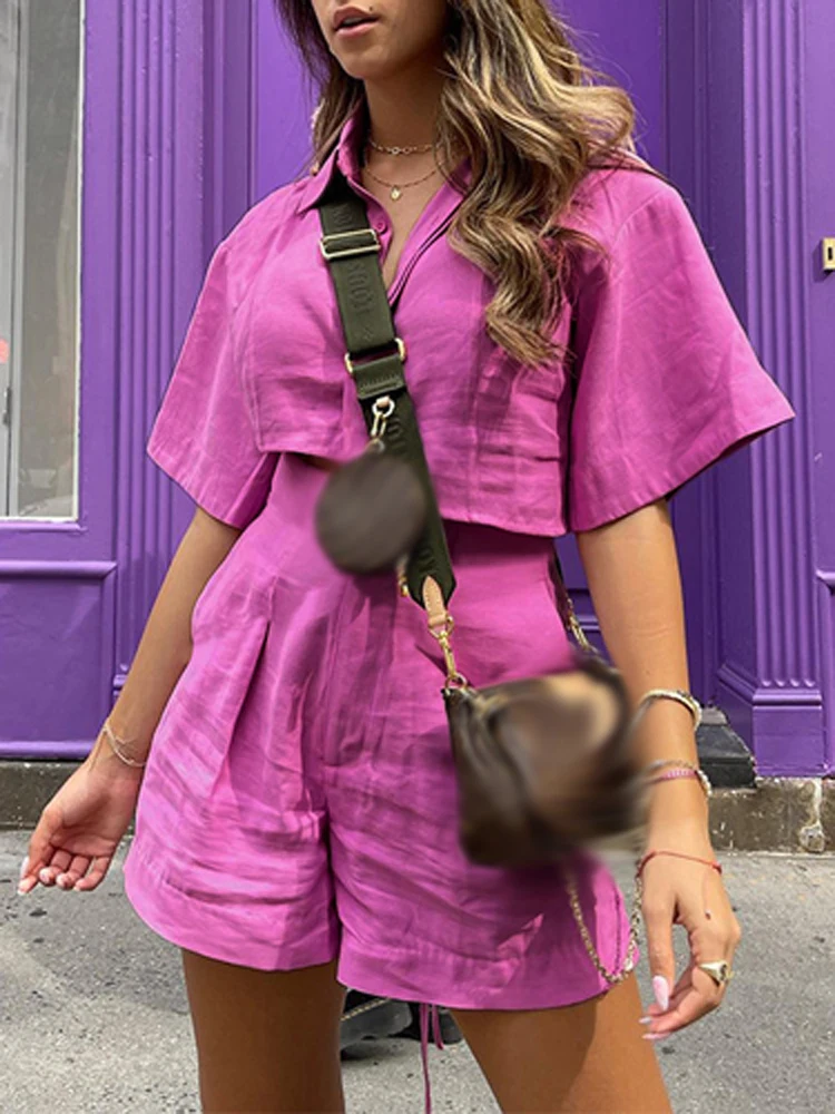 

Fashion Streetwear New Solid Cotton Linen Loose Outfits Summer Turn-down Button Shirt and High Waist Pants Sets Women 2Pc Suit