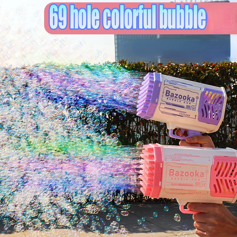 

Bubble Gun 69 Holes Automatic Rainbow Rocket Boom for Kid Light Up Music Bubble Machine Party Supplies for Boys Birthday Gift