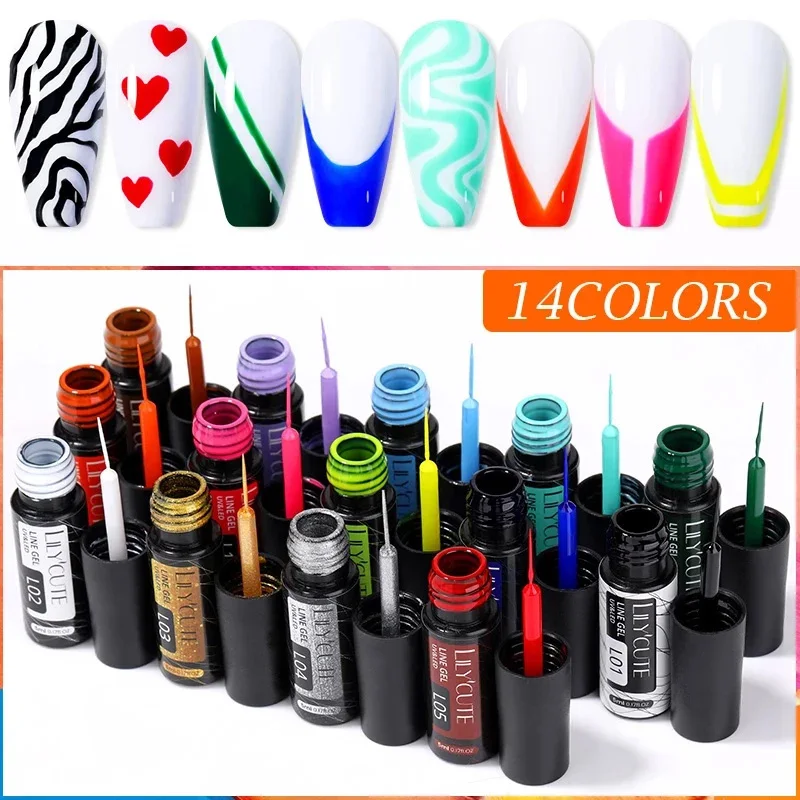 LILYCUTE 5ml Nail Gel Polish 14 Colors Nail Art Line Polish Gel For UV/LED Paint Nails  Pulling Line Silk Drawing Decoration