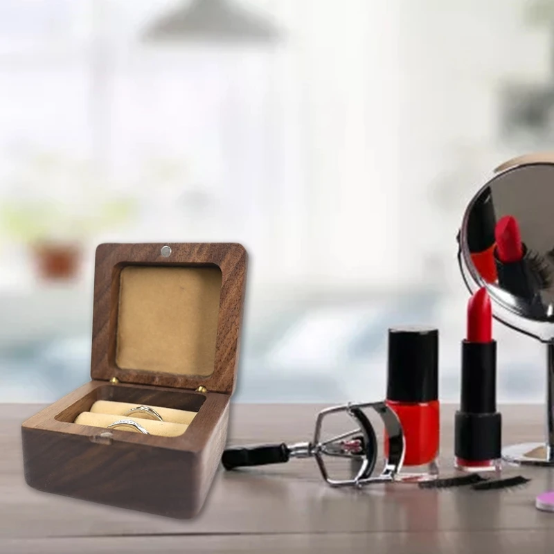 

Wedding Ceremony Ring Box Wooden Double Square Shaped Walnut Engagement Ring Box 124A