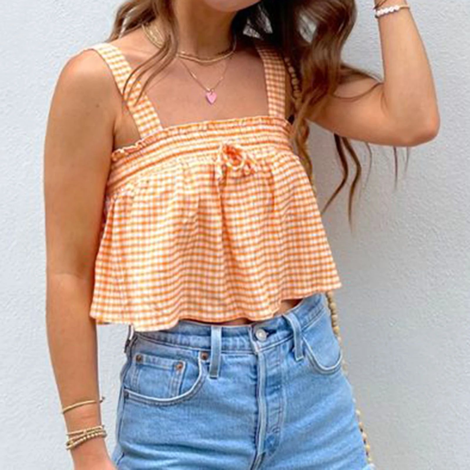 Женский топ с открытой спиной Gaono летний укороченный в клетку регулируемыми