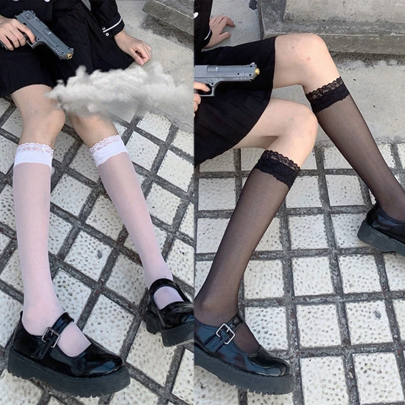 

Women Silky Sheer Calf Socks Japanese Preppy Style Sweet Ruffled Floral Lace Trim Patchwork Summer Mesh Stockings 37JB