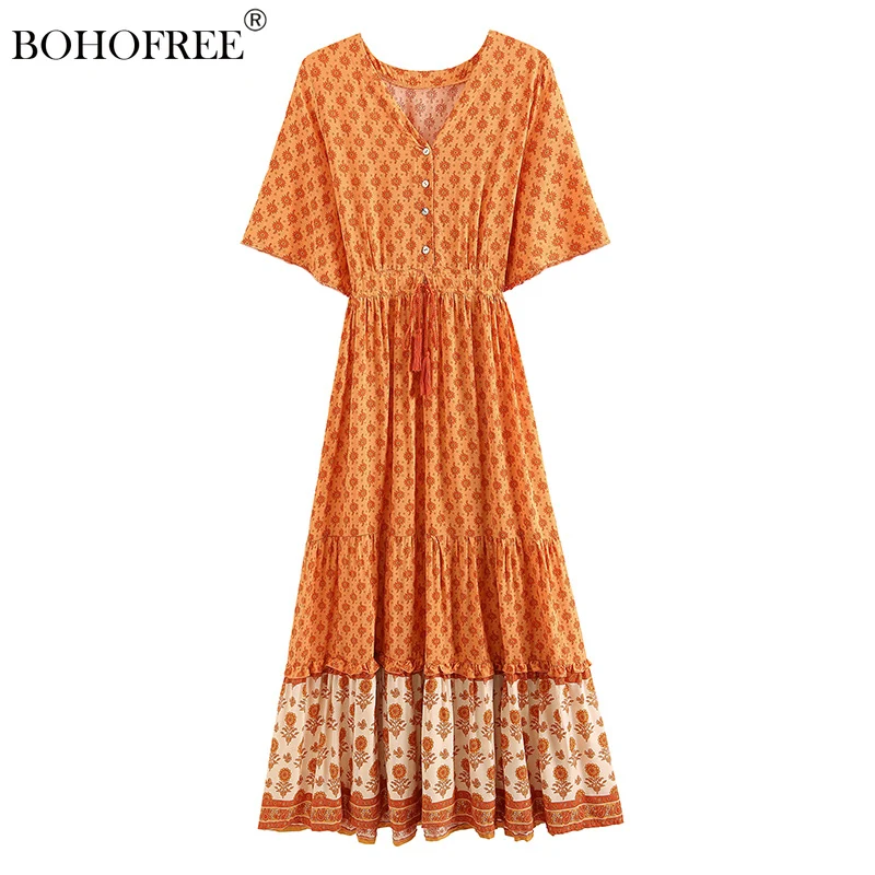 

Vintage Chic Fashion Women Floral Print V-neck Rayon Cotton Bohemian Maxi Dresses Ladies V Neck Summer Beach Boho Dress Robe