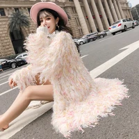 fluffy long coats luxury shiny sequins knit fringed sweater cardigan korean women mohair winter loose handmade crocheted jacket