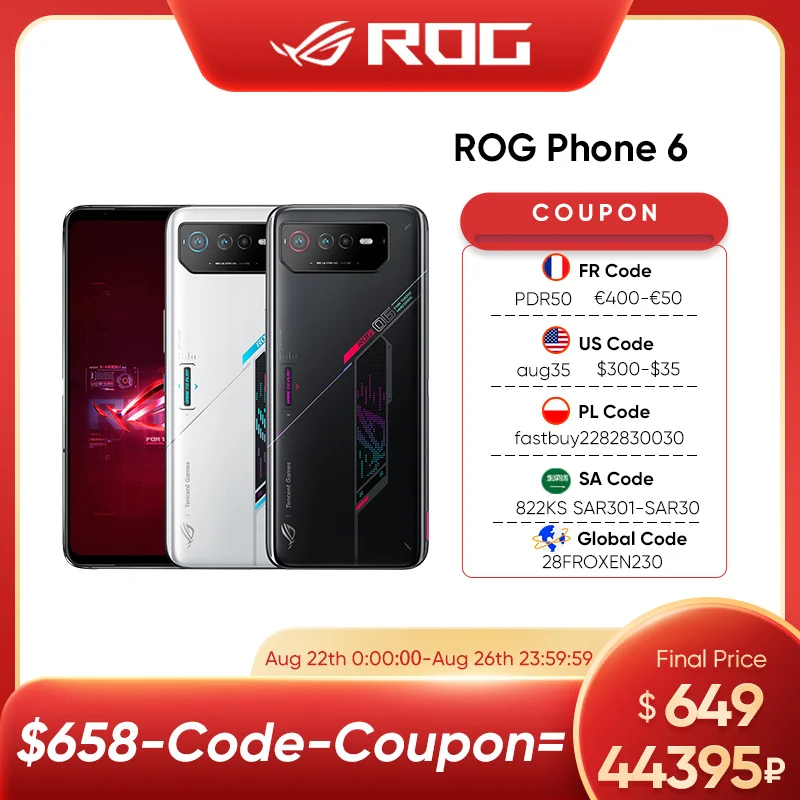 DHL Free Global ROM ASUS ROG Phone 6 Snapdragon 8+Gen 1 65MP Triple Cameras 165Hz AMOLED Multi-Language 5G Game Phone PUBG Games