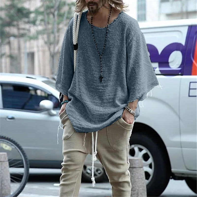 Linen shirt 22ssTrendy men's hollow out deep O-neck loose casual solid color Pullover breathable oversize male T-Shirt Top