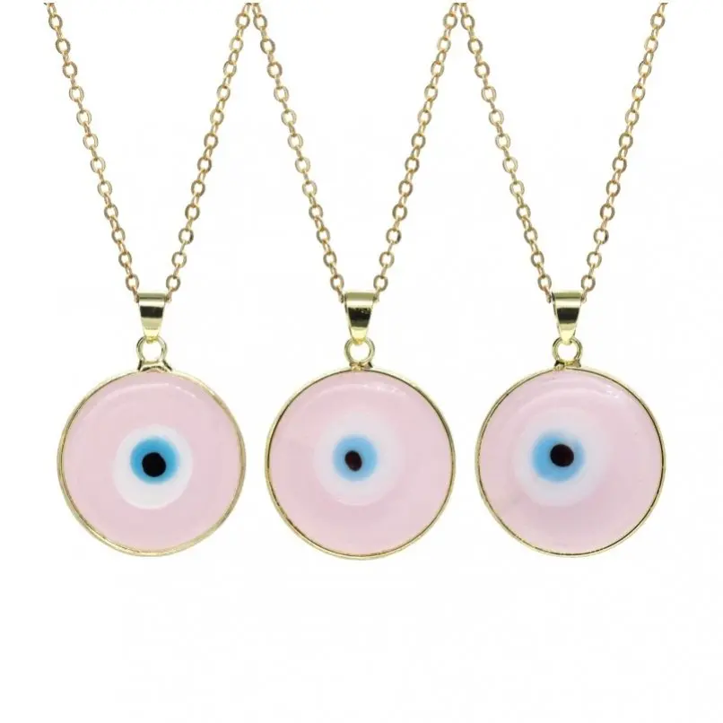 

5Pcs Jewelry Round Coin Shape Evil Eye Circle Pink Gold Color Copper Glass Crystal Azure Stone Necklace