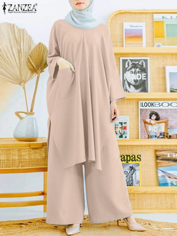 

2PCS Women Long Sleeve Top Solid Dubai Pant Sets ZANZEA Muslim Matching Sets Tracksuit Islamic Clothing Casual Trousers Suits