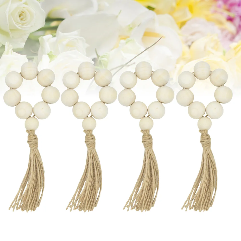 

Napkin Rings Buckles Wooden Bead Ring Wood Beads Christmas Decor Holderfarmhouse Button Tassel Buckle Pastoral Thanksgiving