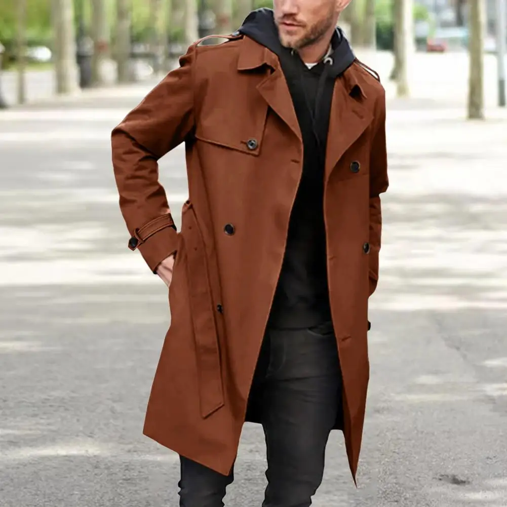 

Double-breasted Windbreaker Men Belt Coat Stylish Men's Double-breasted Long Coat Slim Fit Lapel Windbreaker for Autumn/winter