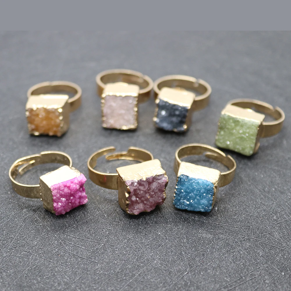 

Colorful Square Crystal Natural Stone Rings Ladies Adjustable Rings Fashion Jewelry Reiki Healing Gemstone Rings Wholesale