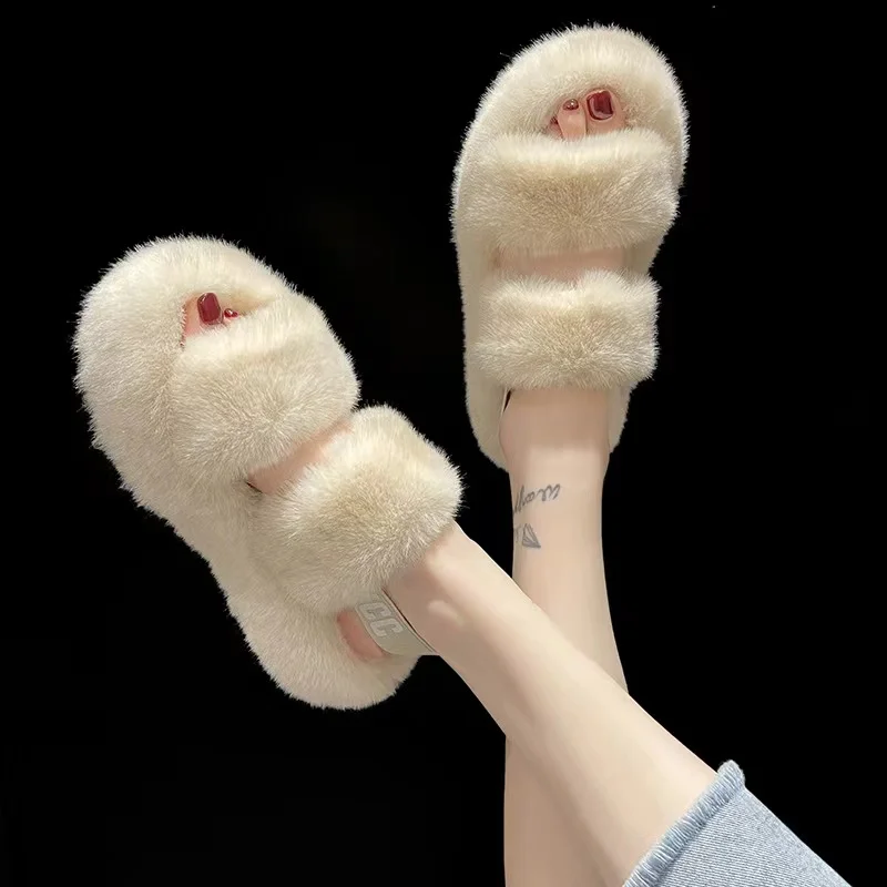 Warm Fluffy Home Slippers Women 2023 New Winter Fur Slippers For Women Flat Platform Cozy Fuzzy House Indoor Shoes Korean Slides