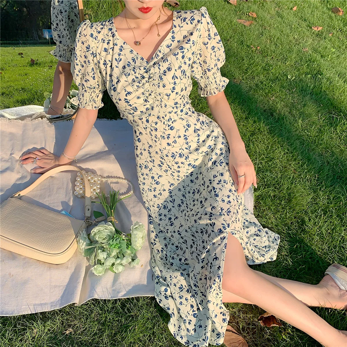 

Puff Sleeve 2022 New French Style Retro Slit Floral Dress Waist Slimming Kikyou Dress Women