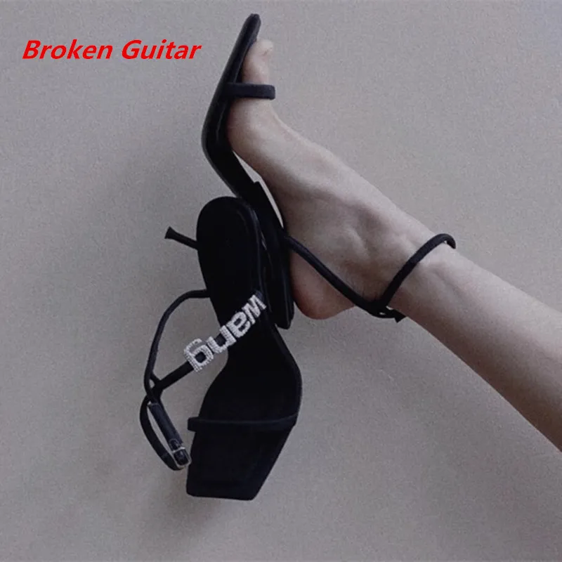 

2022 summer new rhinestone letter high heels sexy stiletto square toe open toe with Roman sandals women