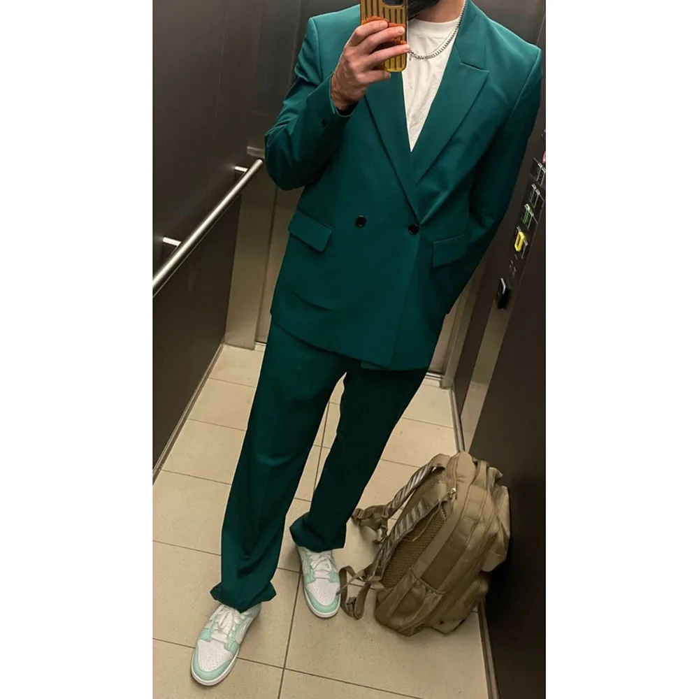 Модные зеленые однотонные костюмы для мужчин высококачественные комплекты из 2-х