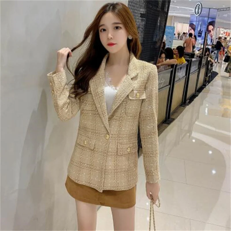 Spring autumn jackets women's tweed slim coat korean new ladies temperament loose suit khaki clothes