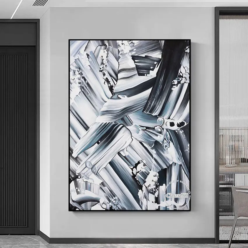 

Настенный плакат на холсте, черно-белая картина маслом, искусство, 100% ручная роспись, абстрактная большая картина без рамы, картина для украшения дома