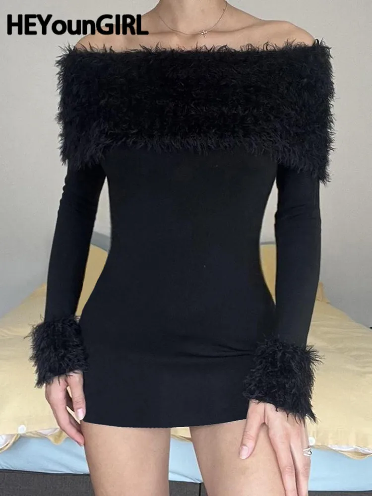 

HEYounGIRL пушистый воротник-лодочка облегающее вечернее женское платье с открытыми плечами Женские базовые сексуальные черные мини-платья зим...