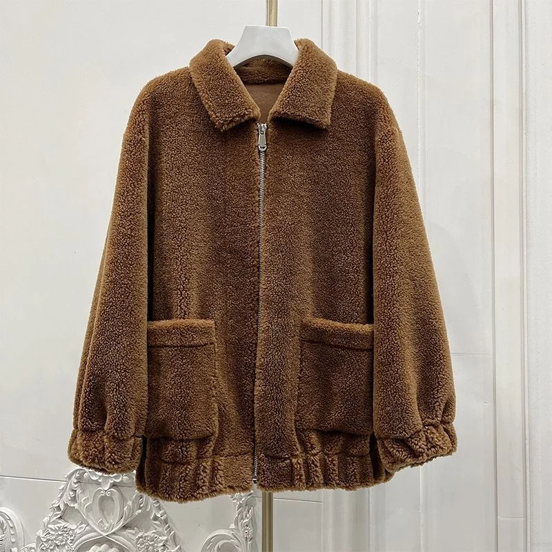 

100% Lambswool Coat Female 2022 Winter New Short Paragraph Particle Velvet Sheep Shearling Jacket Loose Skinny Fur One Outerwear