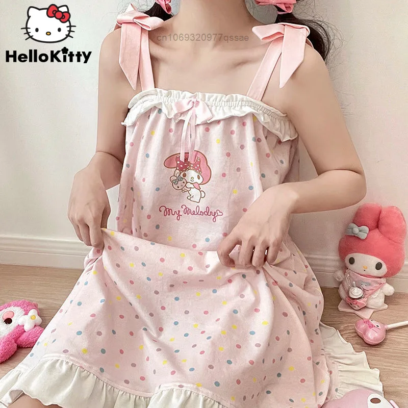 Sanrio Cinnamoroll Melody Sweet Pink Nightdress For Women Kawaii Japan Style Girls Soft Nightgowns Homewear Student Y2k Pajamas
