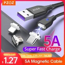 PZOZ 5A Magnetic usb cable de tipo C con Micro usb tipo C súper rápido de carga del teléfono Microusb Type-C magnet Cargador usb c para iphone 11 huawei xiaomi magnetic charging para iphone cord para cargar el teléfono