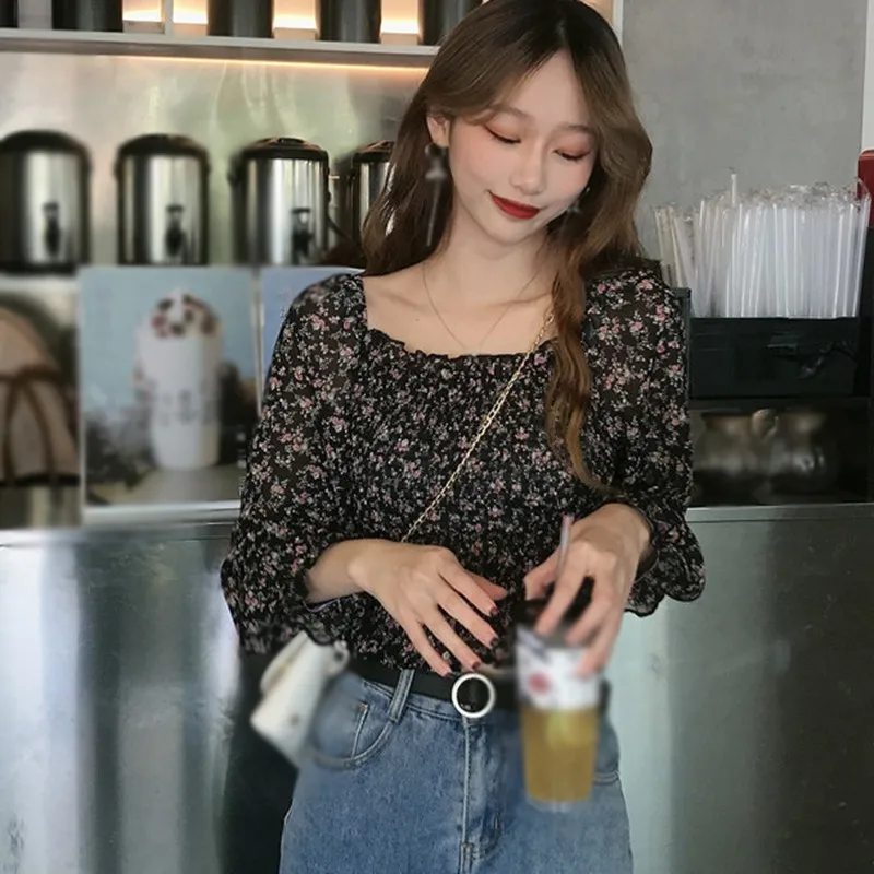 

Summer Women's Chiffon Shirt Korean Version Floral Print Square Collar Sweet Slim Fashion Puff Long Sleeves Chiffon Shirt