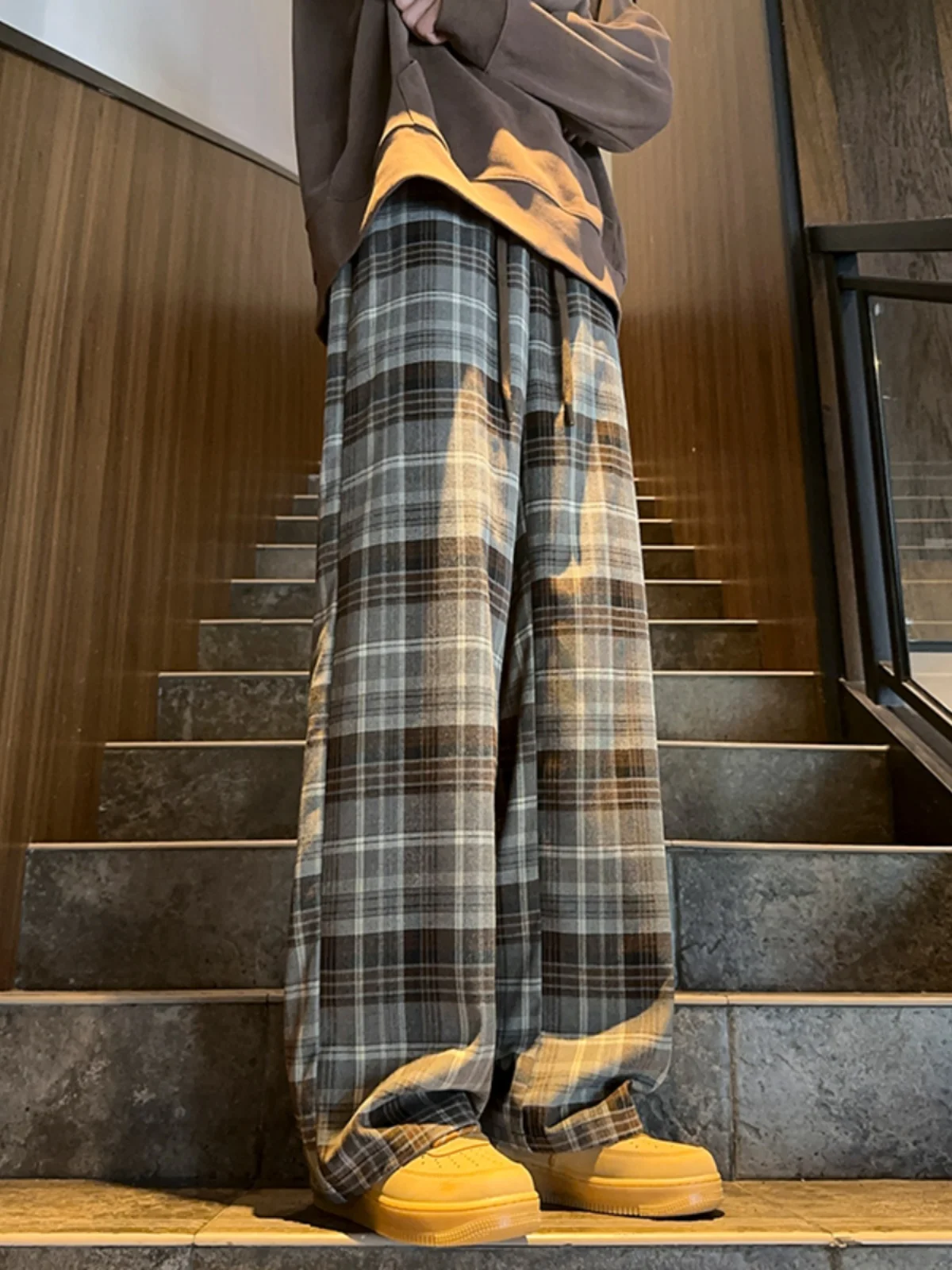 Light Brown Plaid Casual Pants Men's 2024 Spring and Autumn New Loose Straight Design High Street Wide Leg