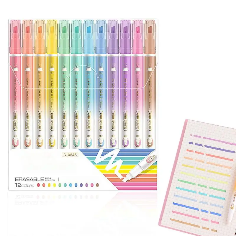 

Aesthetic Erasable Highlighter Assorted Colors Pastel Highlighters Kit 12 Pcs Double Head Smooth Writing Highlighters Chisel Tip
