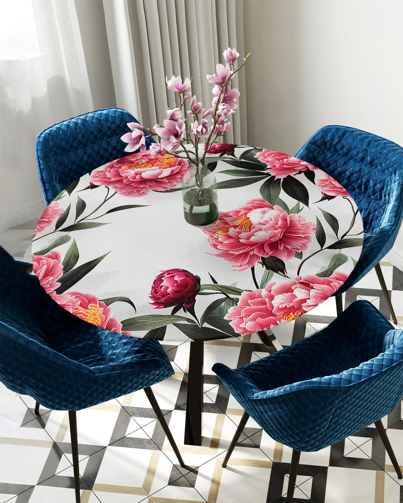 

Peony Flower Ink Painting Round Tablecloth Waterproof Table Cover Home Decoration Dining Room Elastic Tablecloth