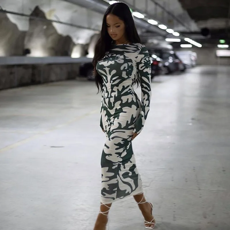 

European And American-Style2021Autumn New Fashion Sexy Printed round Neck Long Sleeve Backless Temperament High Waist Mid-Length