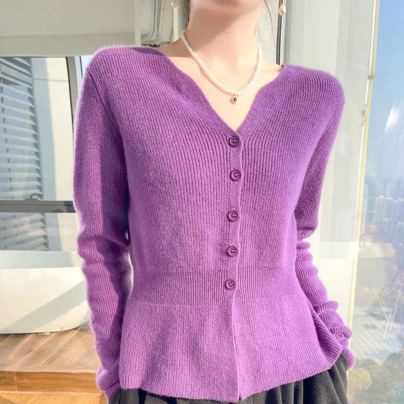 Однотонная Корейская блузка на пуговицах с V-образным вырезом новинка кардиган в