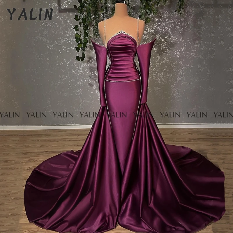 

YALIN Spaghetti Strapless Purple Evening Dress Sexy Satin Off The Shoulder Party Gown Sweep Train Beading Prom Dress فستان سهره