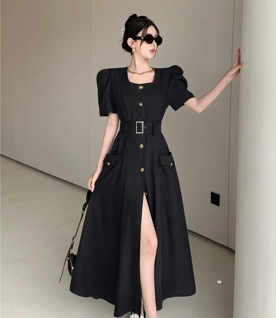 

Женское однобортное платье с поясом, офисное однотонное длинное облегающее платье с квадратным воротником и пышными рукавами, лето 2023